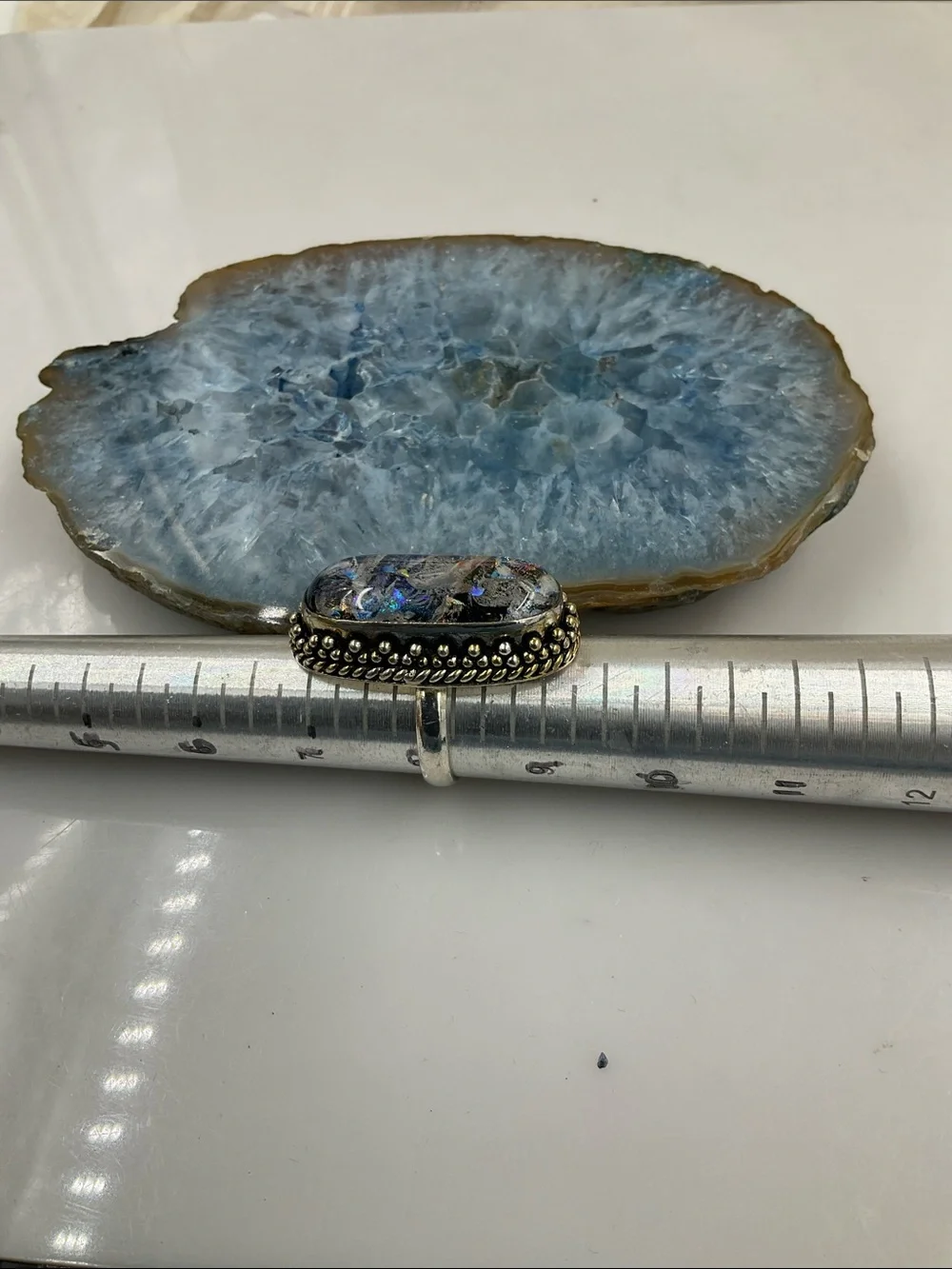 Vintage Sterling Silver Dichromic Art Glass Statement Ring Size 8 Blue-Green